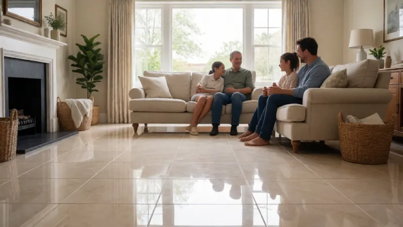 Happy family in done living room floor